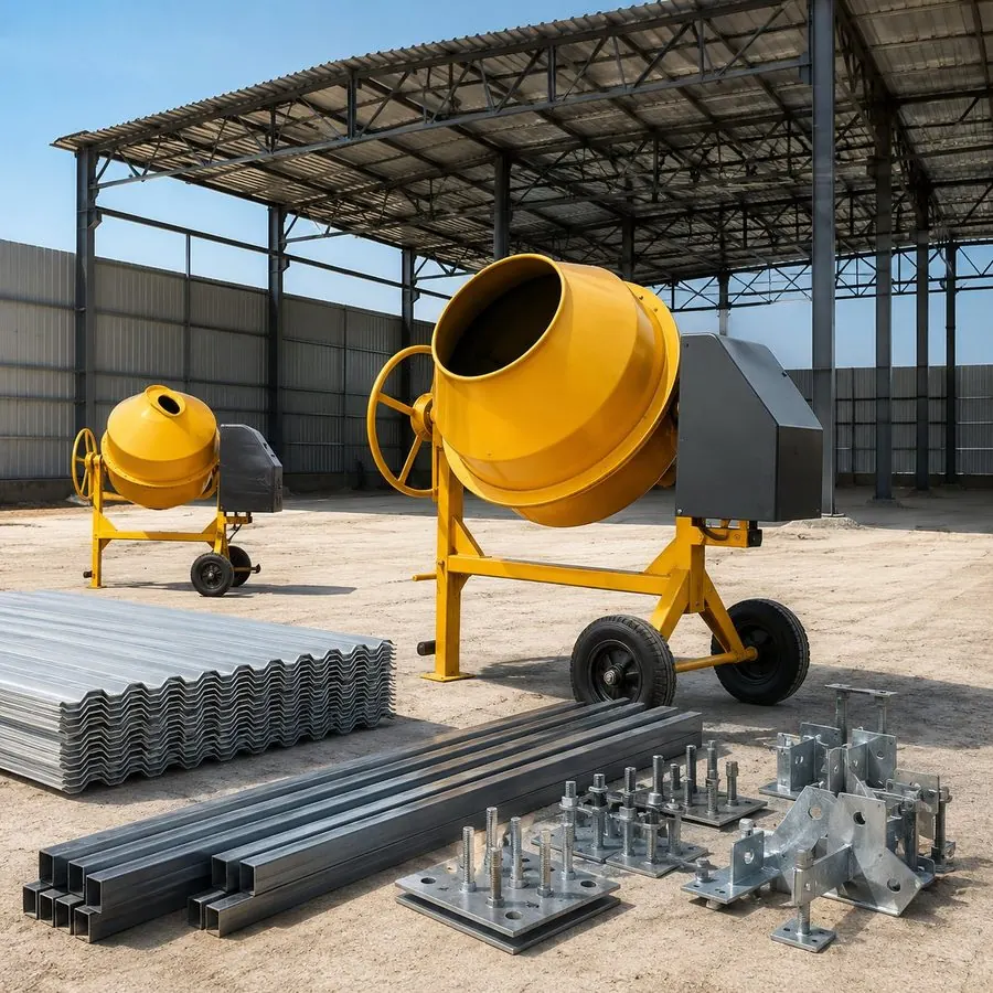 Betoneiras e materiais de kit barracão